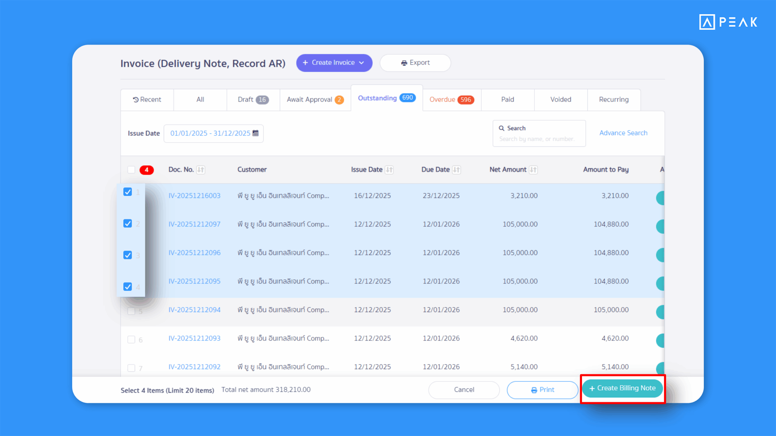 Create Billing Notes or Combined Payment Note directly from the document table – Faster and more convenient document creation.
