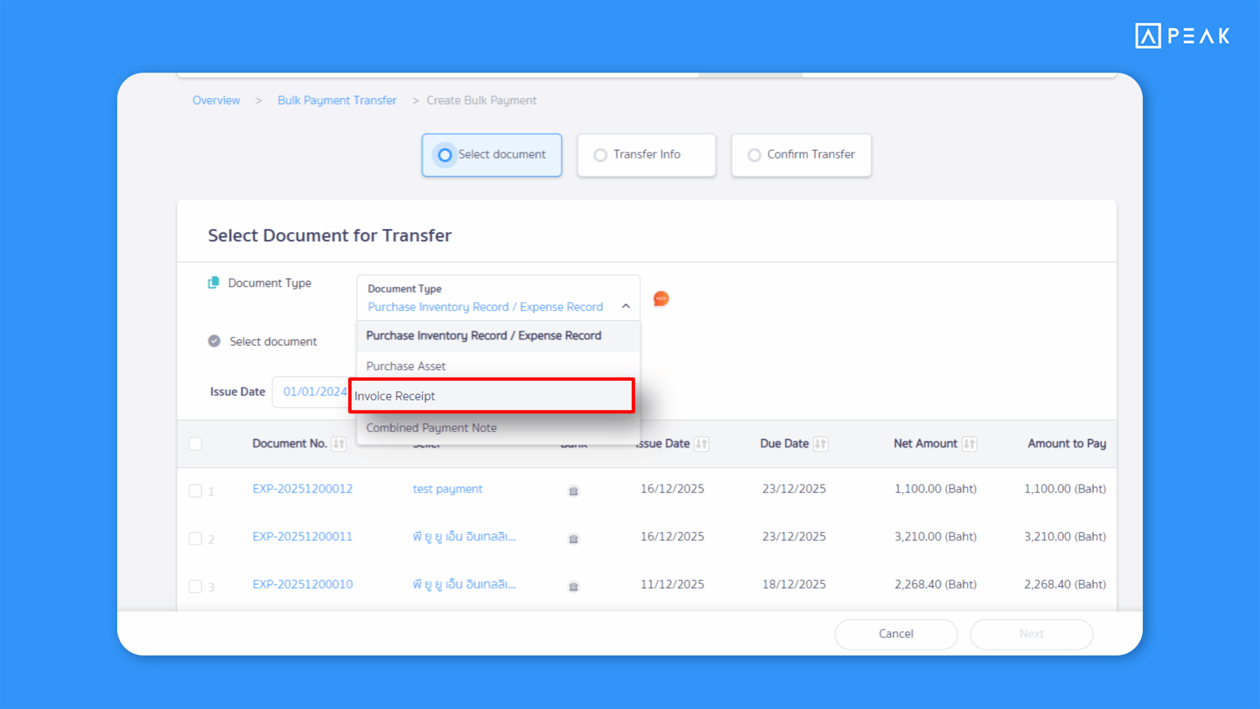 Added Invoice Receipt (IR) selection for creating Bulk Payment Transfers.