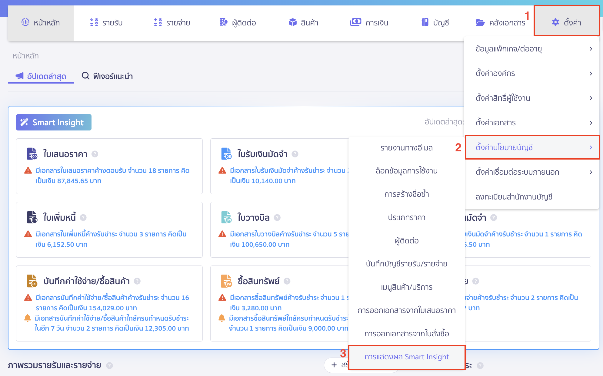 smart-insight-usability-2 การใช้งาน Smart Insight ไปที่เมนูตั้งค่า > ตั้งค่านโยบายบัญชี > การแสดงผล Smart Insight