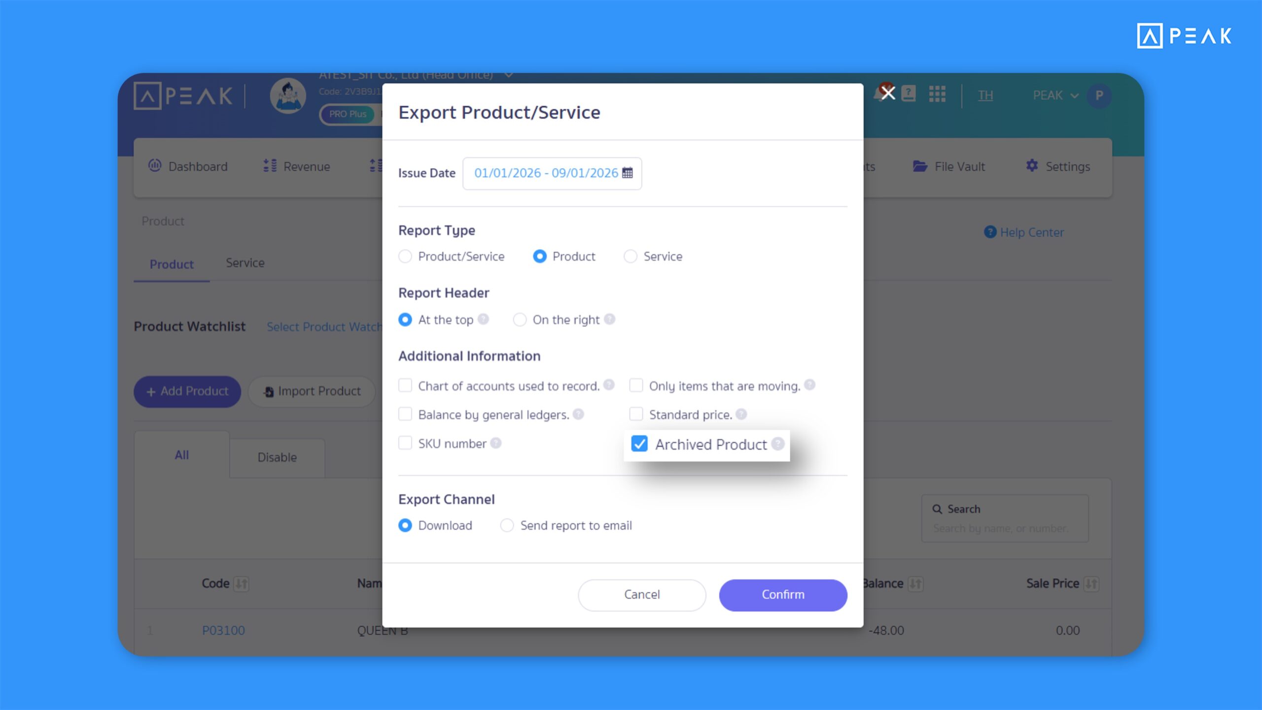 Added an option to show or hide archived products/services on the report export page, allowing more accurate product reports.