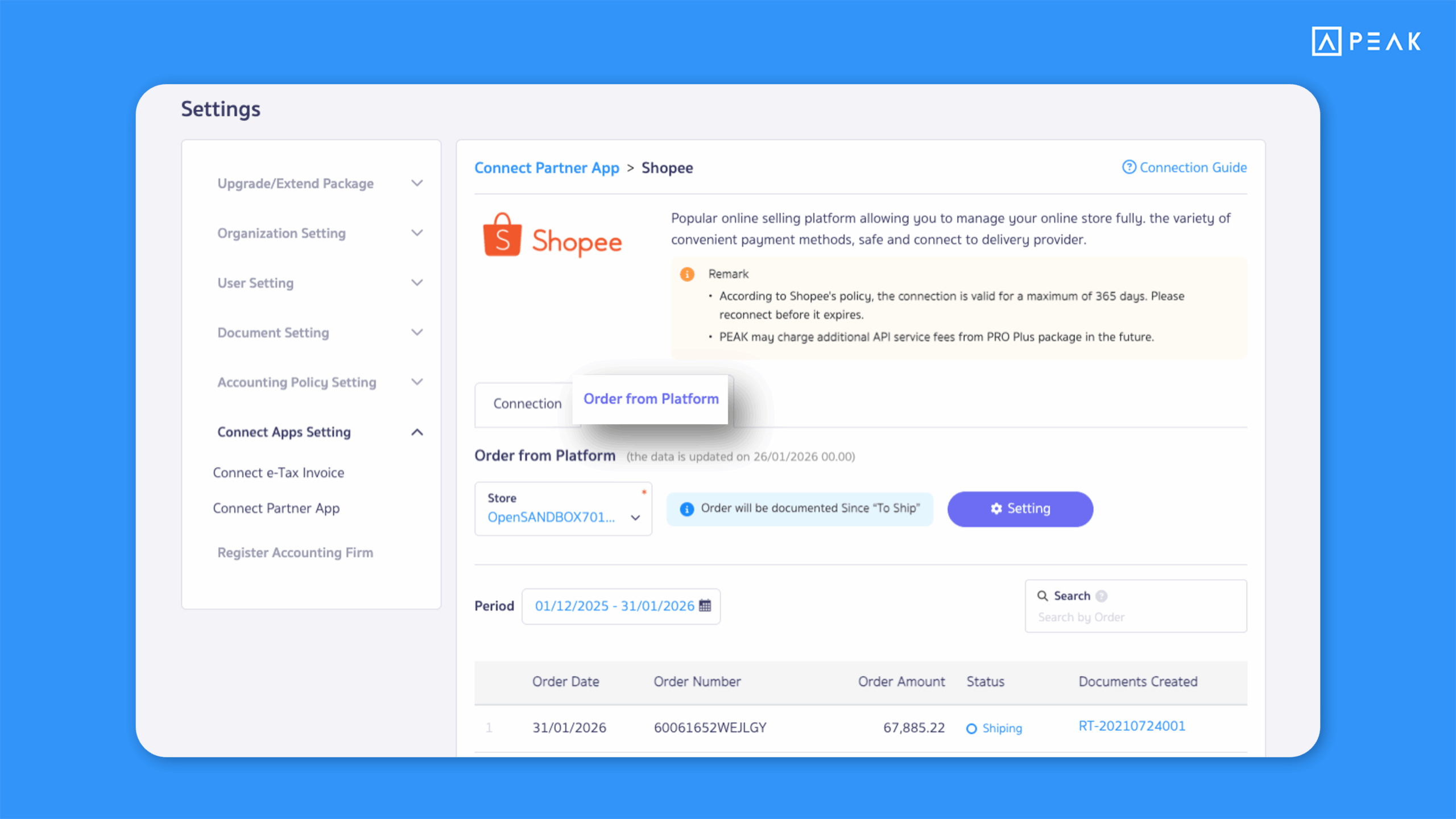 Added an Orders from Platform tab on the Shopee API connection page, making it easier to track document status in one place.