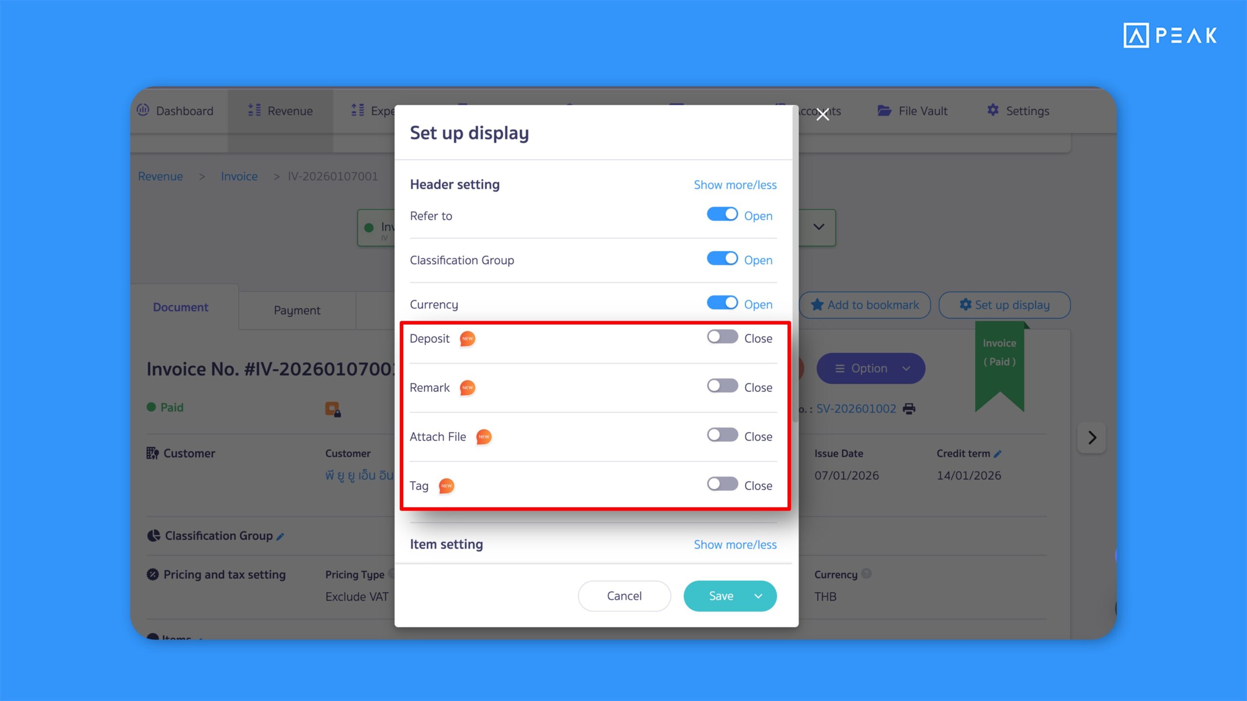 Added an option to hide certain fields on the Income/Expense document creation page, simplifying document creation and reducing unnecessary information.