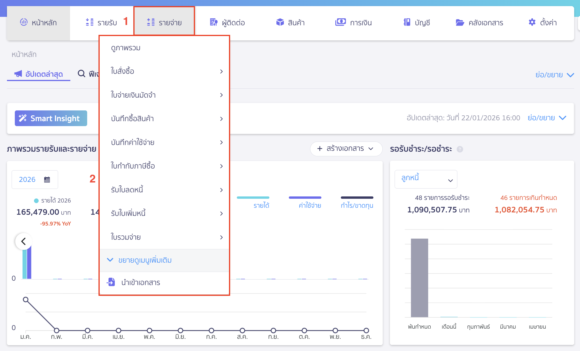 เมื่อกดดูเมนูย่อยในเมนูรายจ่าย จะเห็นส่วนขยายดูเมนูเพิ่มเติม