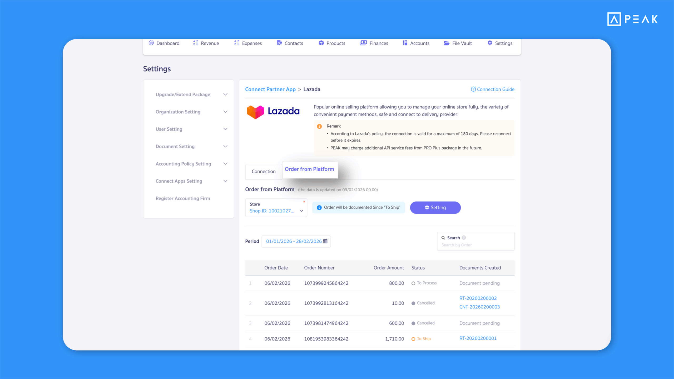 Added an Orders from Platform tab on the Lazada API connection page, making it easier to track document status in one place.