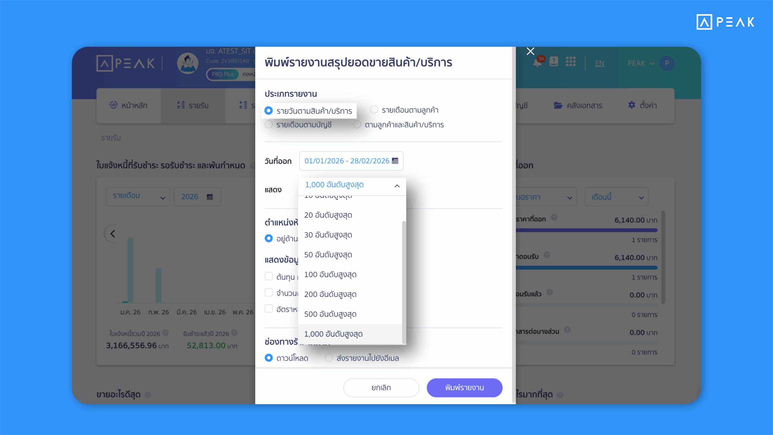 PEAK ปรับการพิมพ์รายงานการขายสินค้า/บริการ ให้สามารถเลือกแสดงรายการได้สูงสุด 1,000 อันดับ ช่วยให้สามารถวิเคราะห์ข้อมูลการขายได้ละเอียดมากขึ้น