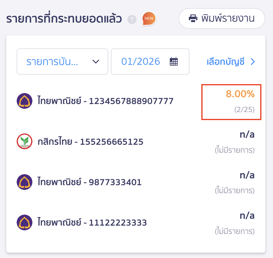 หากมีการกระทบยอดแล้วระบบจะแสดงข้อมูลรายการที่กระทบยอดแล้ว/รายการกระทบยอดทั้งหมด