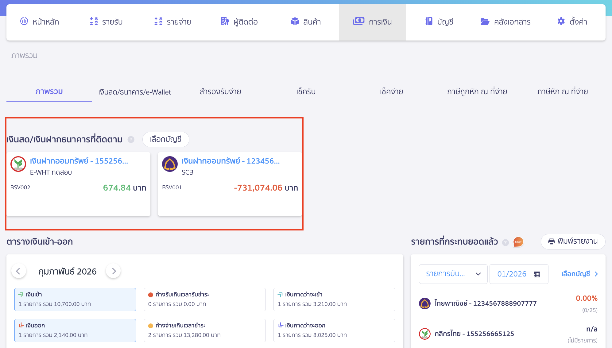 อ่าน Dashboard หน้าภาพรวมการเงิน เงินสด/เงินฝากธนาคารที่ติดตาม