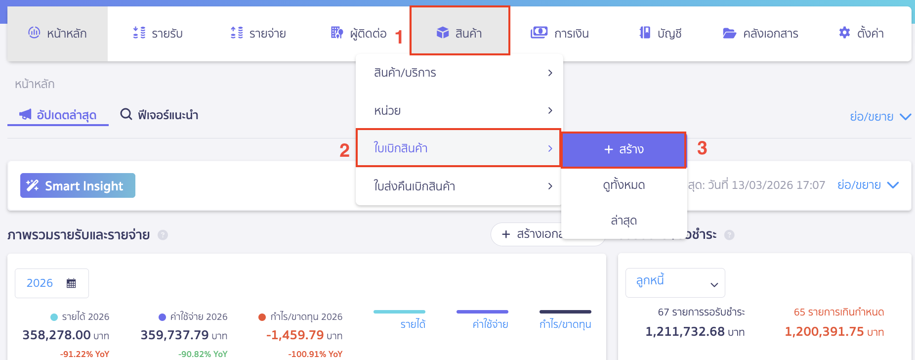 การประยุกต์ใช้งานสายผลิต โดยใช้ใบเบิกสินค้า ไปที่เมนูสินค้า > ใบเบิกสินค้า > สร้าง
