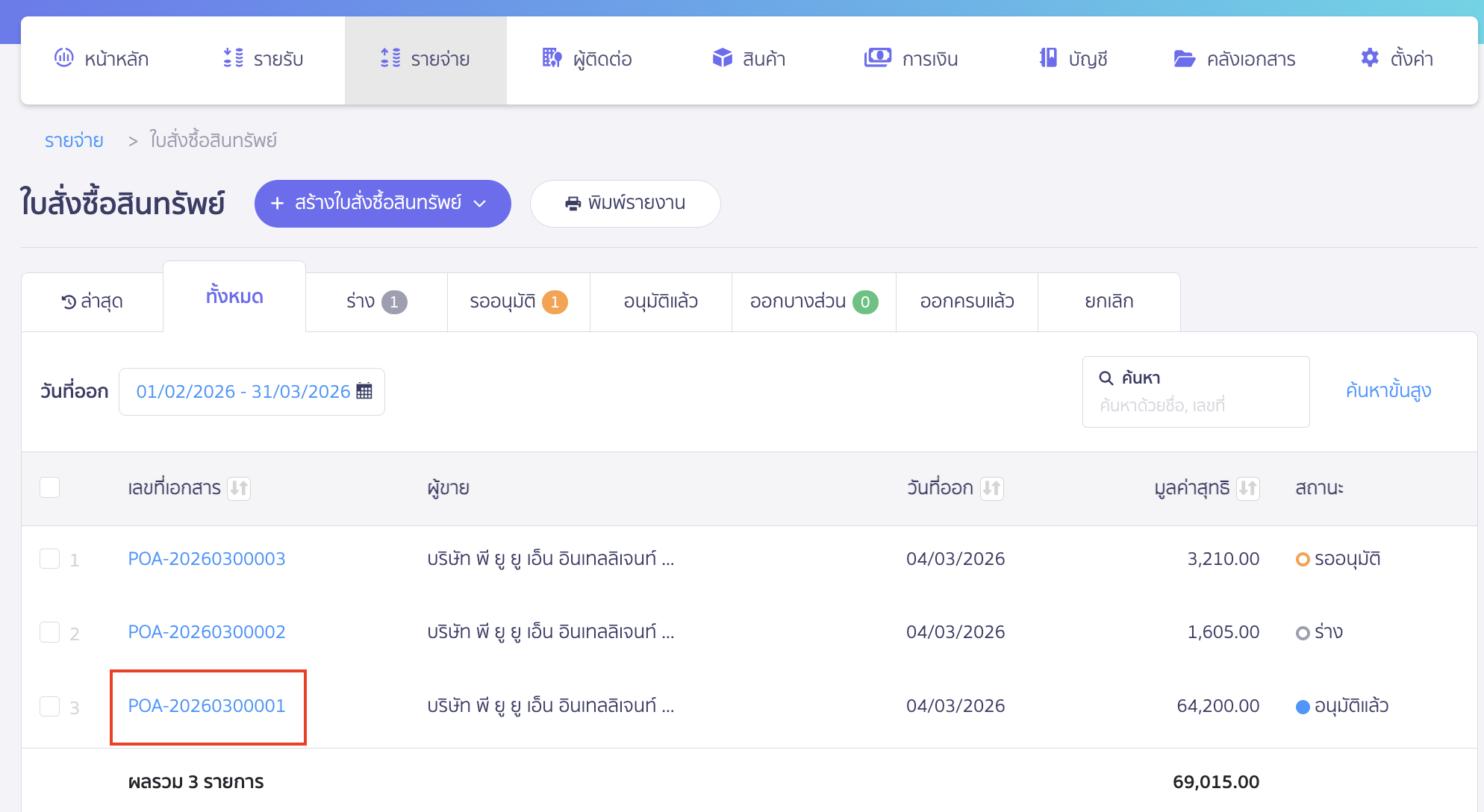 ยกเลิกใบสั่งซื้อสินทรัพย์ กรณียังไม่นำไปอ้างอิงออกเอกสารอื่น เลือกใบสั่งซื้อสินทรัพย์ที่ต้องการยกเลิก