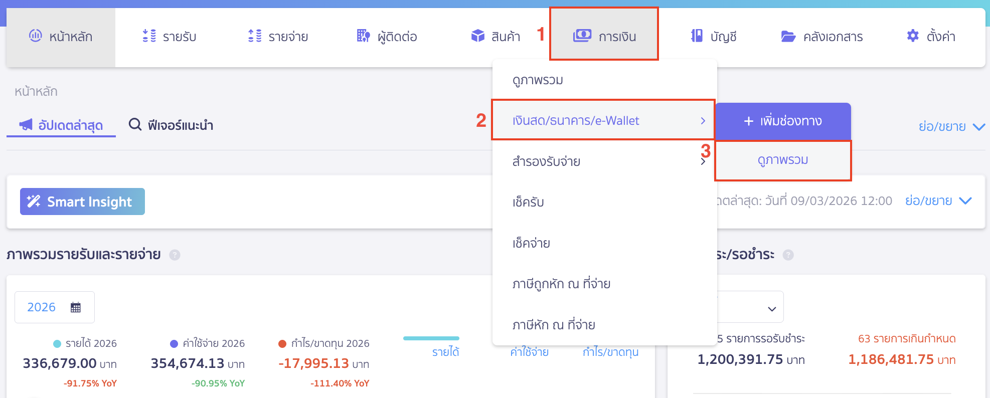 ลบรายการเคลื่อนไหวธนาคารซ้ำ ไปที่เมนูการเงิน > เงินสด/ธนาคาร/e-Wallet > ดูภาพรวม