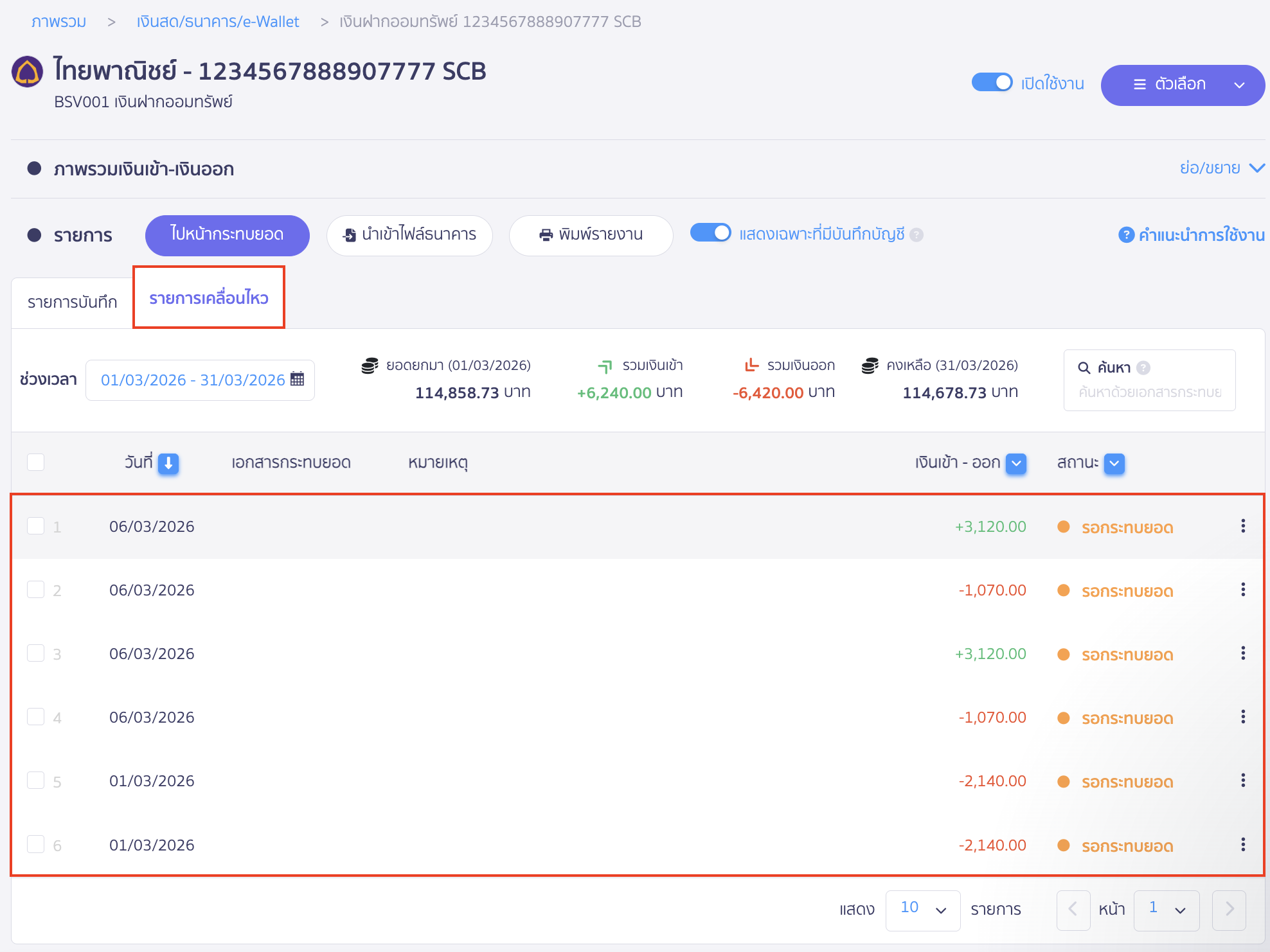 ลบรายการเคลื่อนไหวธนาคารซ้ำ แต่หน้ารายการเคลื่อนไหวธนาคารกลับพบ 6 รายการ