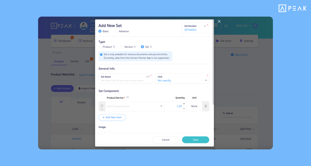 Supports "Product Sets": Group products/services to be sold as a set. Complete everything in a single item