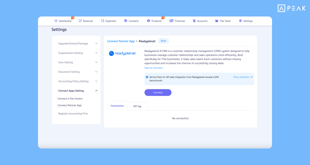 Supports ReadyPlanet API connection. Instantly turn CRM data into quotations on PEAK