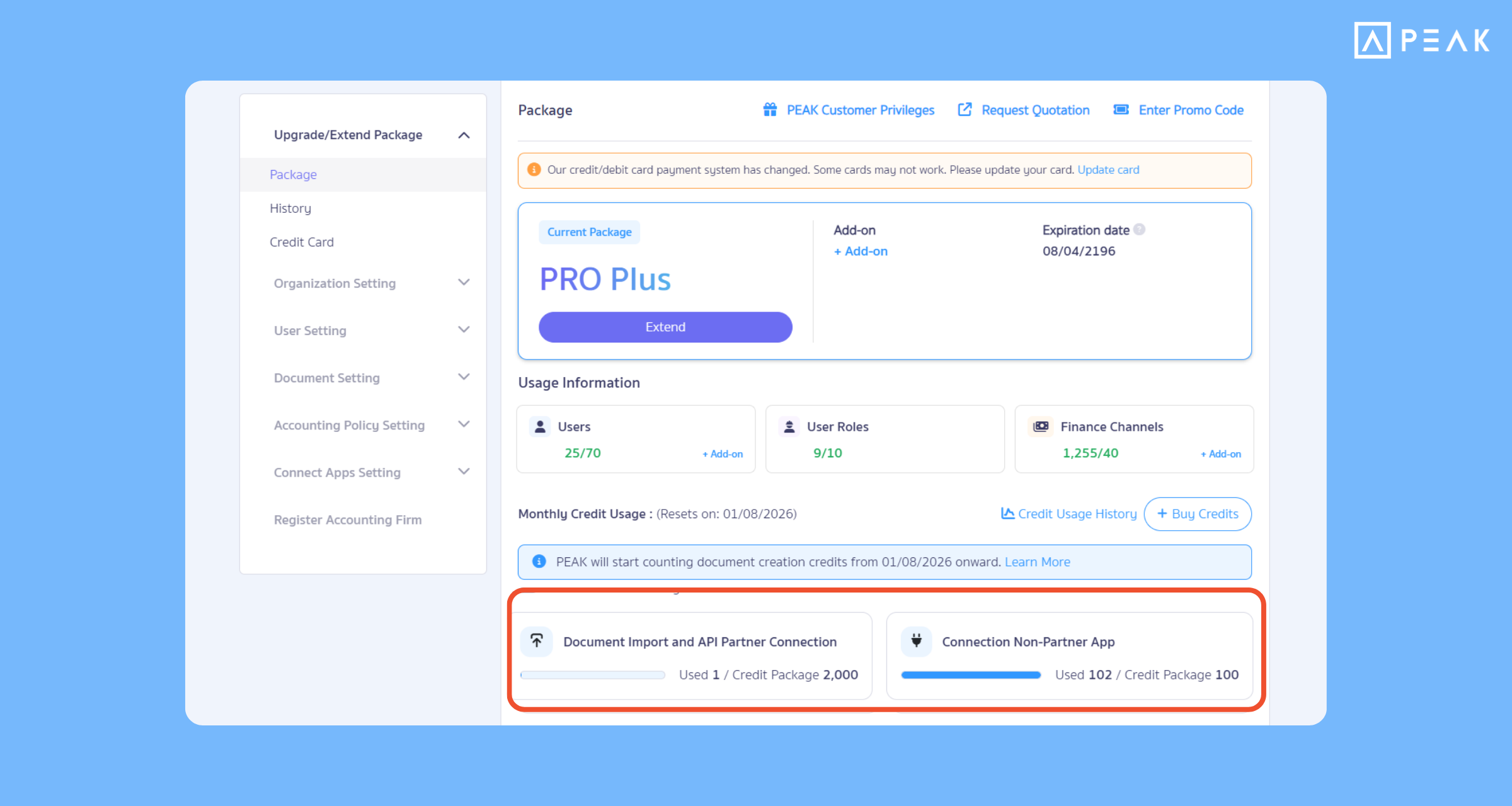 Adjusted document quota and API usage management system (PEAK Paid Credit) to control costs accurately and ensure continuous usage without interruption.