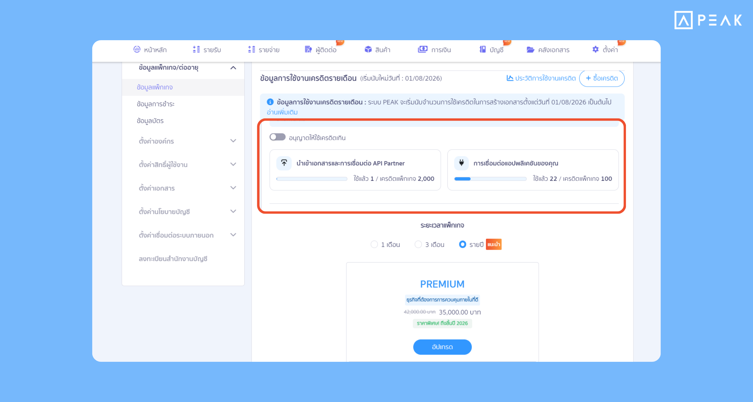 ปรับระบบจัดการโควตาเอกสารและการใช้งาน API (PEAK Paid Credit) คุมต้นทุนได้แม่นยำ ใช้งานต่อเนื่องไม่มีสะดุด