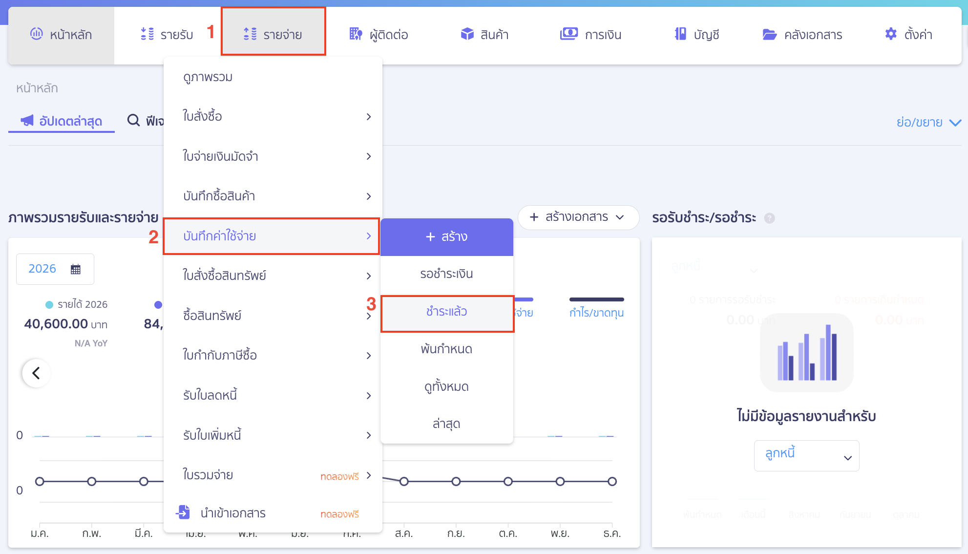 edit-payment-date-and-update-wht-peak-01 แก้ไขวันที่ชำระเงิน ให้ตรงกับใบหัก ณ ที่จ่าย ไปที่เมนูรายจ่าย > บันทึกค่าใช้จ่าย > เลือก ชำระแล้ว