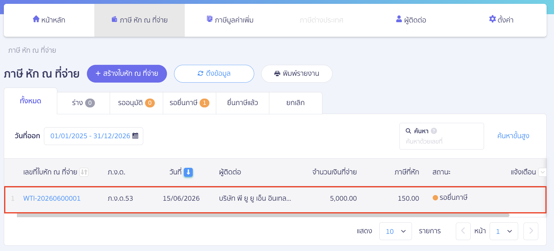 ระบบแบบ ภ.ง.ด. บน PEAK Tax เมื่อระบบดึงข้อมูลเรียบร้อยแล้ว ที่แถบสถานะ ทั้งหมด จะแสดงใบหัก ณ ที่จ่าย ตามช่วงเวลาที่ดึงข้อมูล