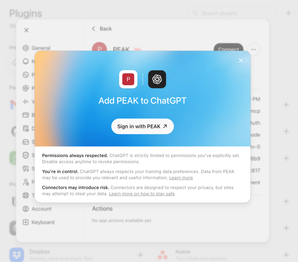 connect-peak-mcp-with-chatgpt-ai-accounting-11 เมื่อระบบถาม ให้ล็อกอินด้วย PEAK แล้วอนุญาตให้เข้าถึงข้อมูล