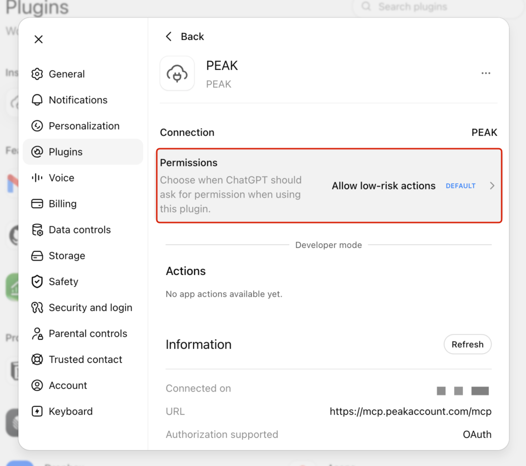 connect-peak-mcp-with-chatgpt-ai-accounting-14 จากนั้นระบบจะดำเนินการ Authenticating Token → Validating MCP scopes → Establishing connection จนขึ้นว่าเชื่อมต่อสำเร็จ และกลับสู่ ChatGPT โดยอัตโนมัติ